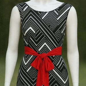 Chic Black & White Maxi Dress with Red Waist Tie – Size L